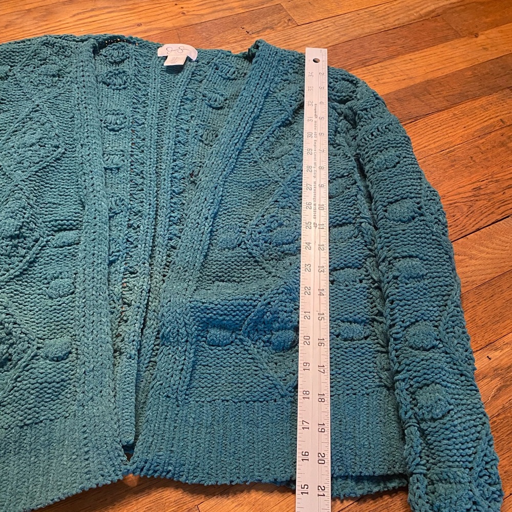 Jessica Simpson Teal Cable Knit Open Front Cardigan Sweater Size M - Picture 7 of 7